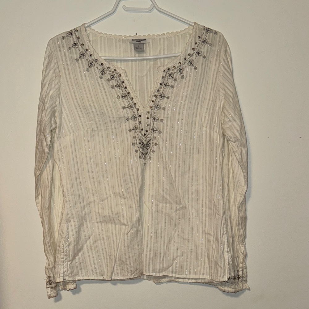 White soft cotton Blouse with silver beading and  Embroidery